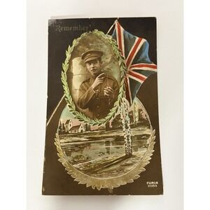 Antique 1923 World War 1 Remember French Postcard Soldier, Union Jack Flag
